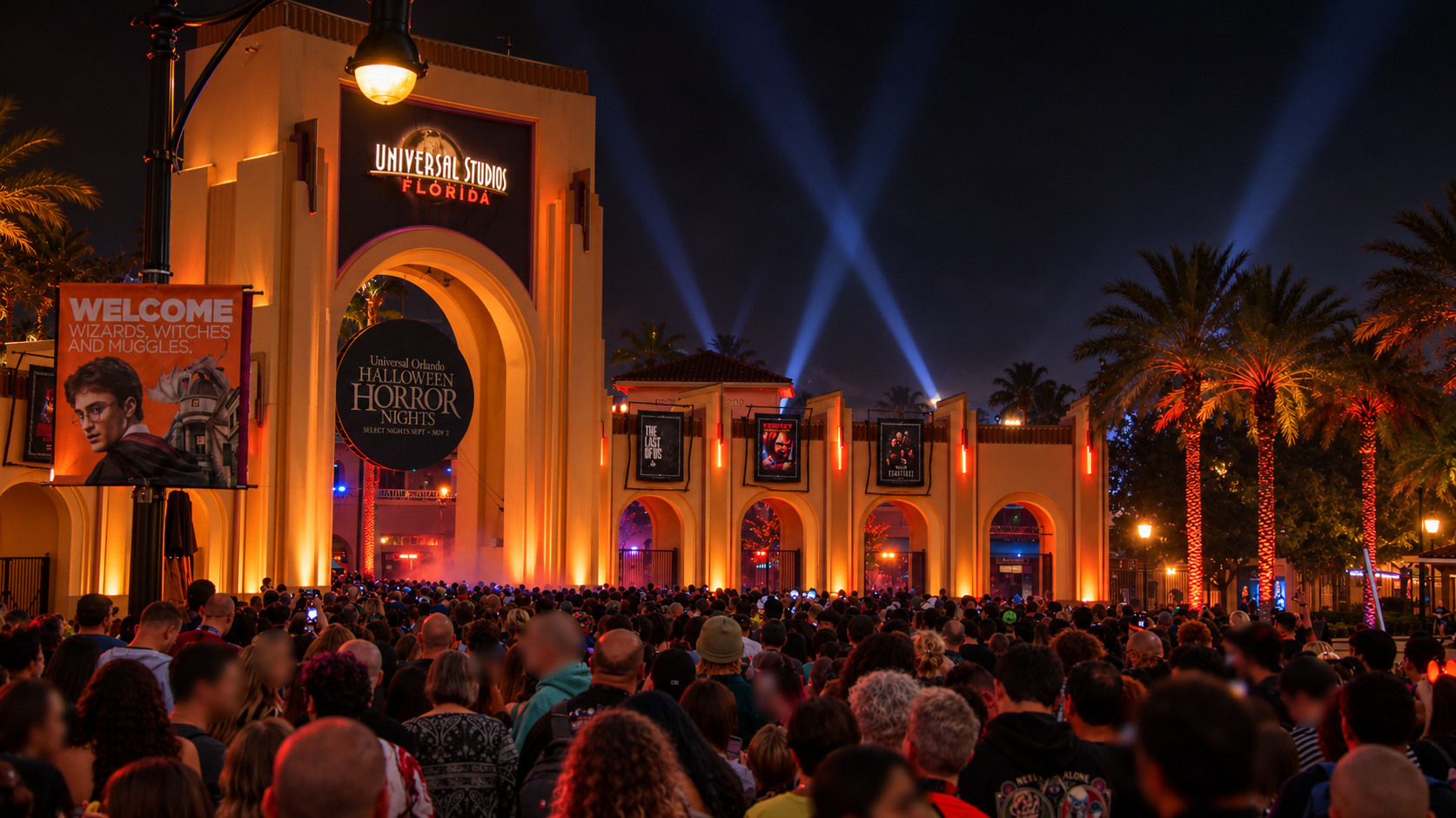 Guests filling the Universal Studios Florida entry arch at dusk during Halloween Horror Nights 2026, under a skull banner and red event lighting
